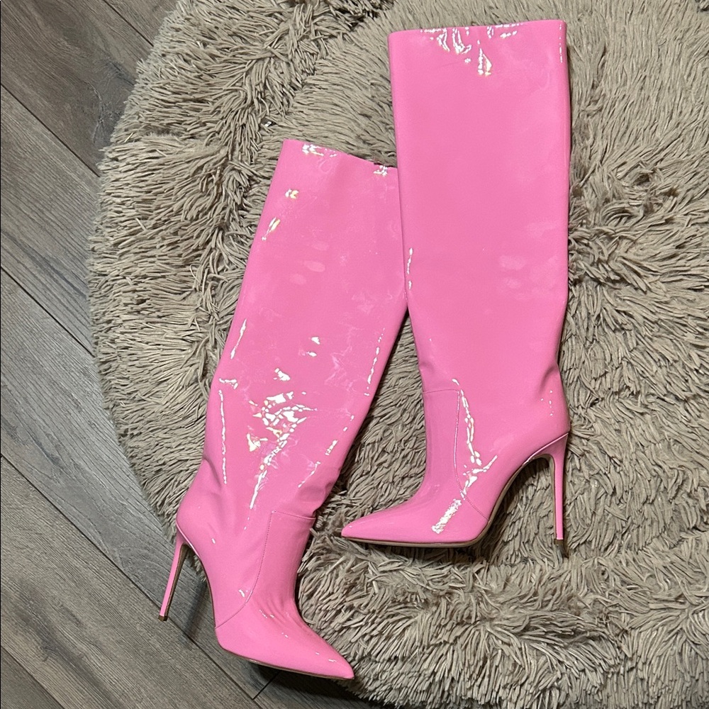 Paris Texas Vibrant Pink Patent Heeled Boots Flamingo